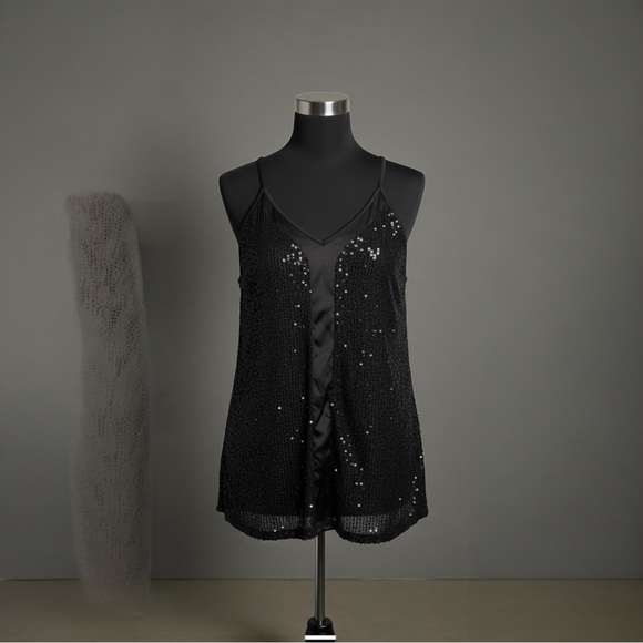 🎇Black Sequin Sleeveless Party Top ✨🪩Sparkly Night-Out Cami ✨🪩Women’s XL - Picture 5 of 5